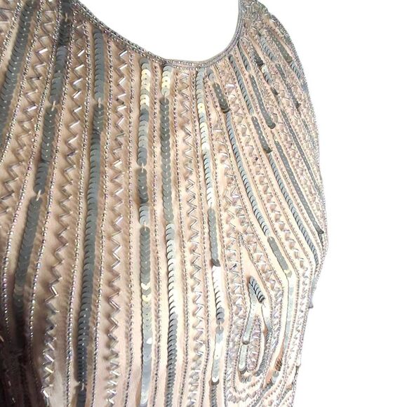 Parker Vintage Silk Beaded Sequin Shift Dress Small Fully Lined Nude Pink Gatsby - Picture 3 of 7